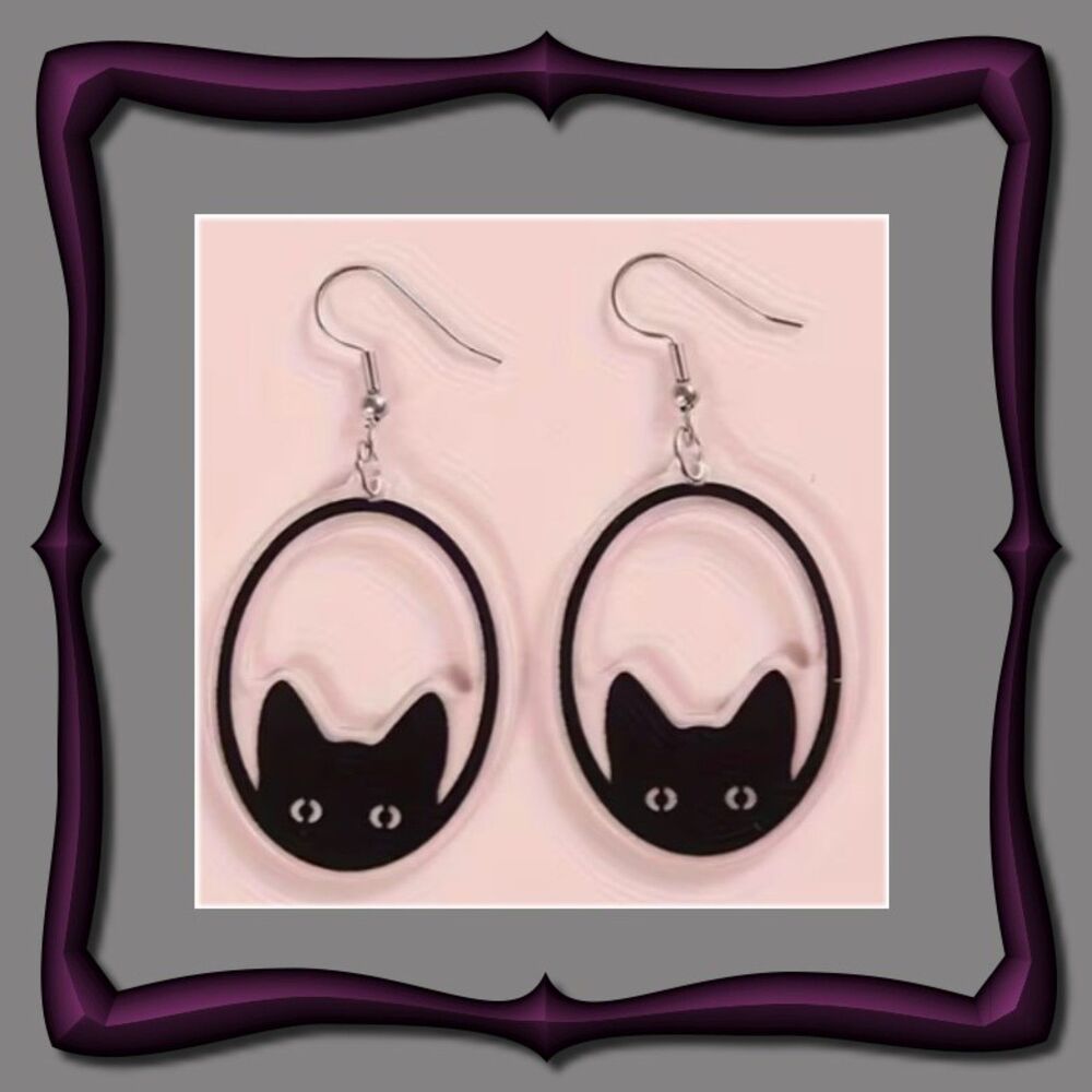 Oval Black Cat Peeking Earrings 1.57" Halloween Kitty Cat Lovers